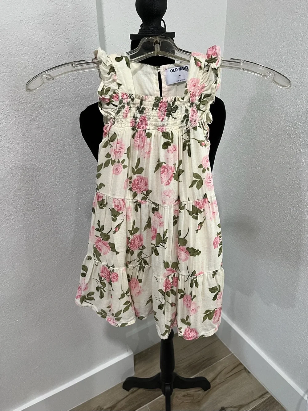 Old Navy Cream Dress with Pink Floral & Green Leaves